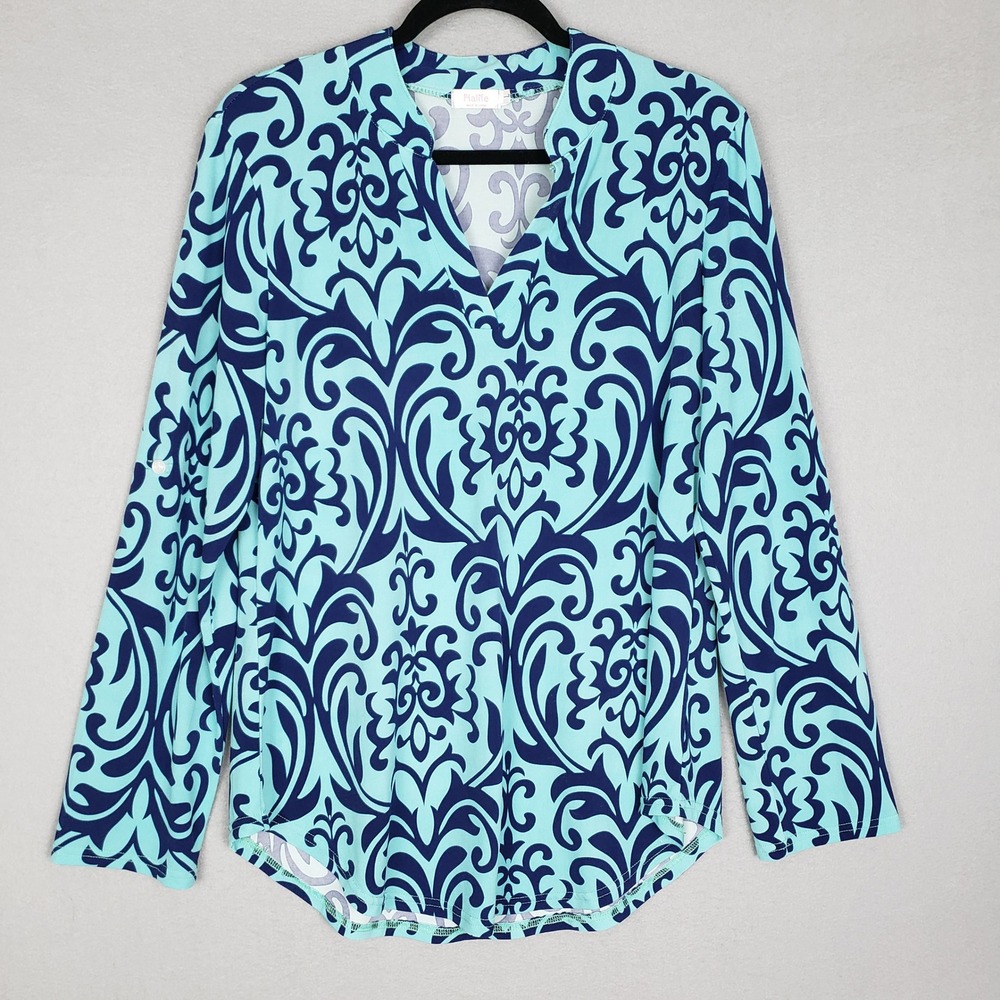 Halife Size L Damask Print Tunic Blouse Blue Coastal Preppy‎ Spring Top Casual